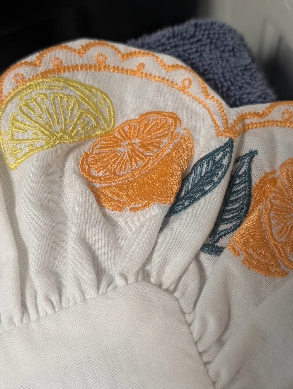 Vintage square accent pillow cover ruffled embroidered citrus lemons oranges